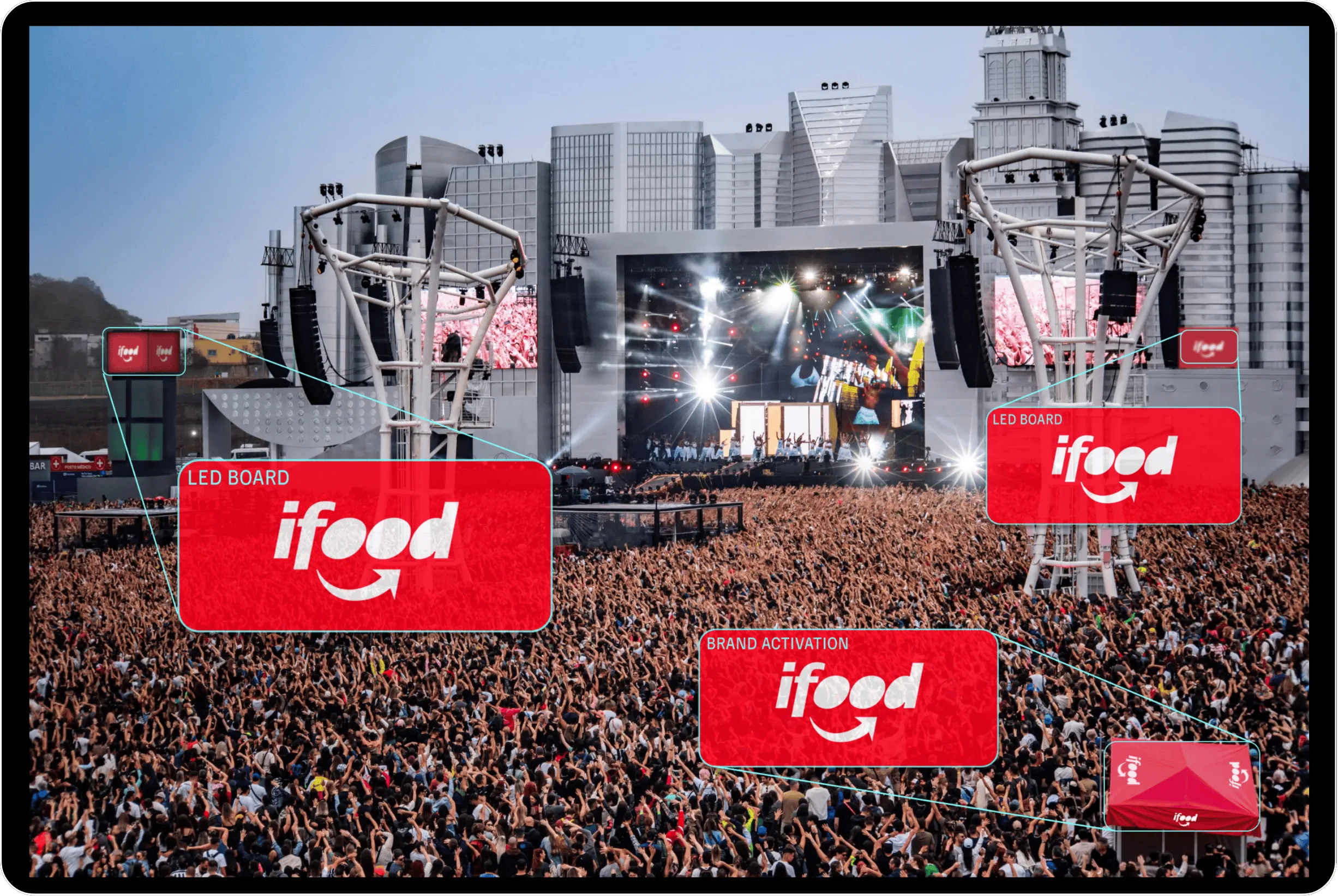 Concert venue with branded overlays highlighted